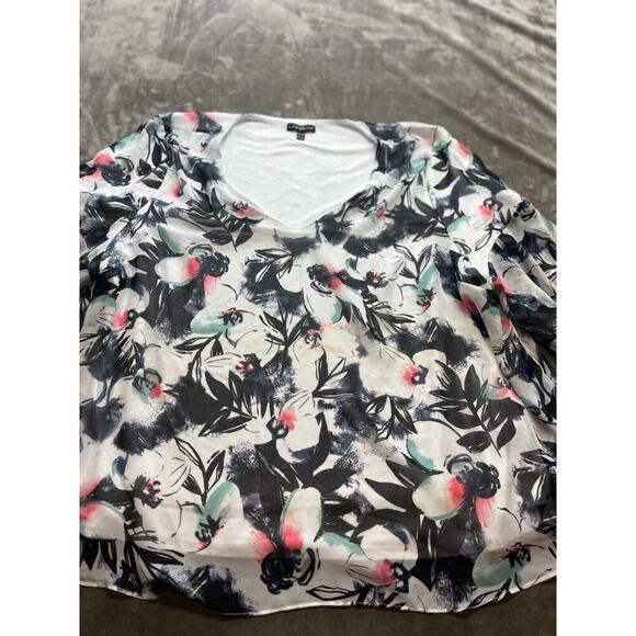 Lane Bryant Blouse Women 26/28‎ Plus White Floral 3/4 Sleeve V-Neck Lined Casual - Picture 1 of 5